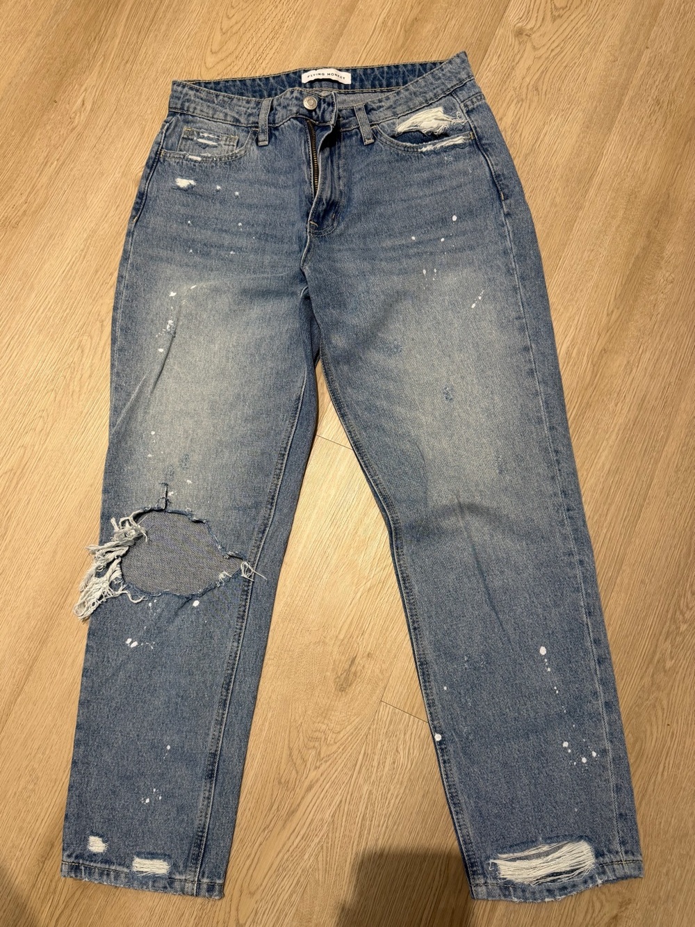Flying Monkey Distressed Paint-Splatter Denim Jeans in Blue